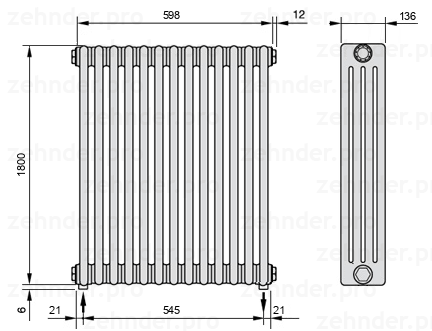 Схема (чертеж) Радиатор Zehnder Charleston 4180/13 №3570 Белый глянцевый RAL 9016
